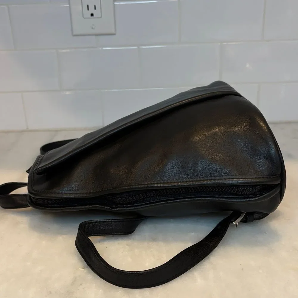 Tignanello Black Leather Sling Backpack Convertible Travel Bag
